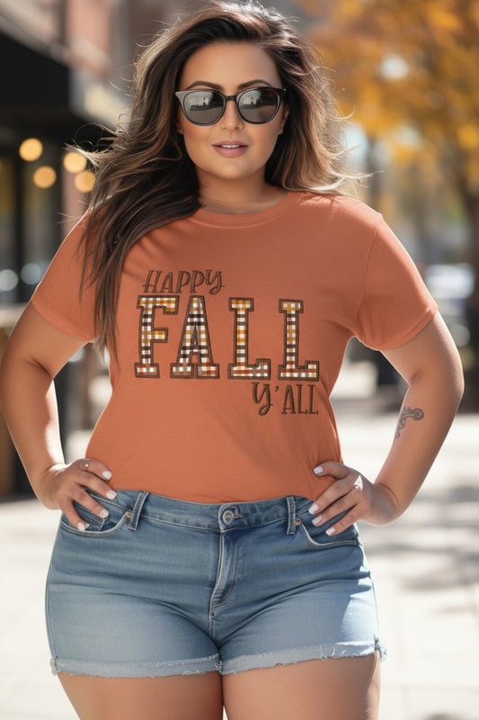 Happy Fall Y'all Fall Stripes Fabric Design Embroidery Plus Size T-Shirt