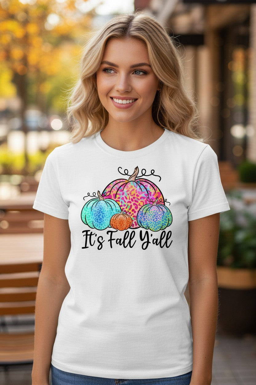 It's Fall Y'all Bright Leopard Pumpkin Design Graphic T-Shirt