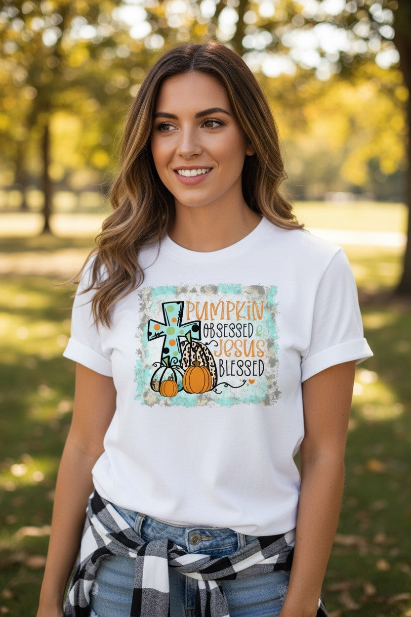 Pumpkin Obsessed And Jesus Blessed Design Graphic T-Shirt