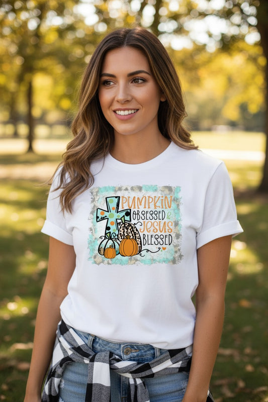 Pumpkin Obsessed And Jesus Blessed Design Graphic T-Shirt