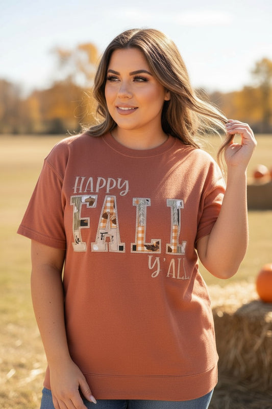 Happy Fall Y'all Fall Woodlands Fabric Applique Design Embroidery Plus Size T-Shirt