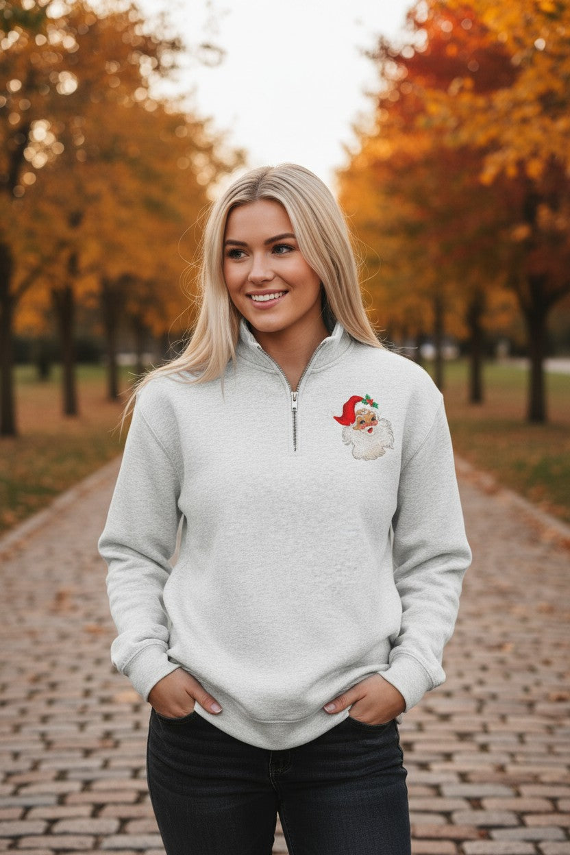 Classic Santa Embroidery Trendy Quarter Zip Fleece Pullover