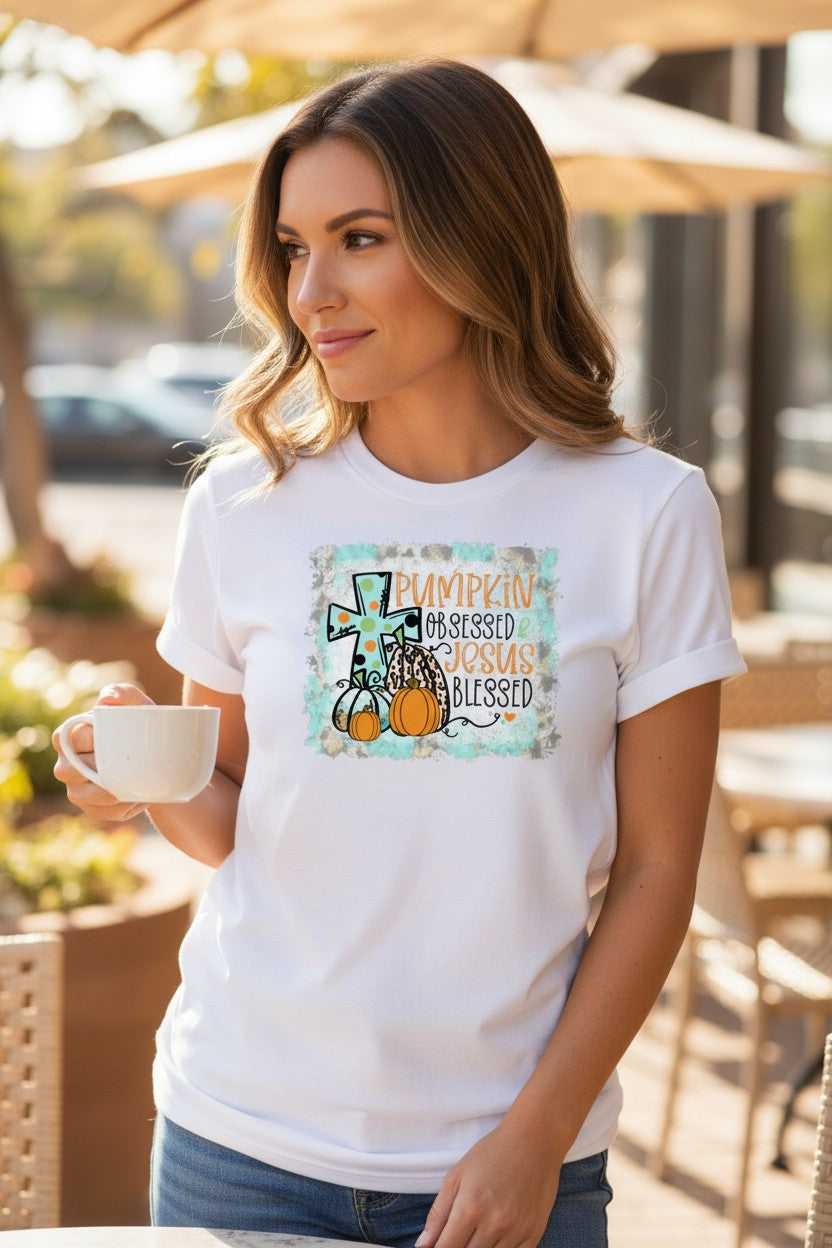 Pumpkin Obsessed And Jesus Blessed Design Graphic T-Shirt