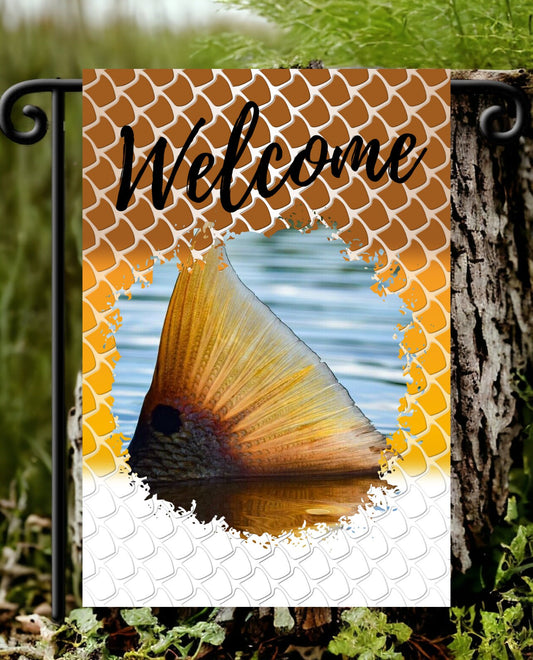 Welcome/Red Fish Tail Design Garden Flag