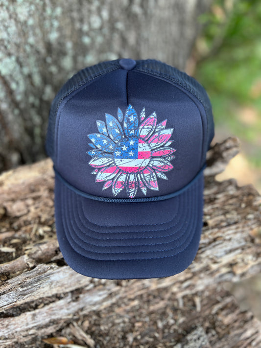 American Flag Sunflower Design/Navy Foam Cap/Hat