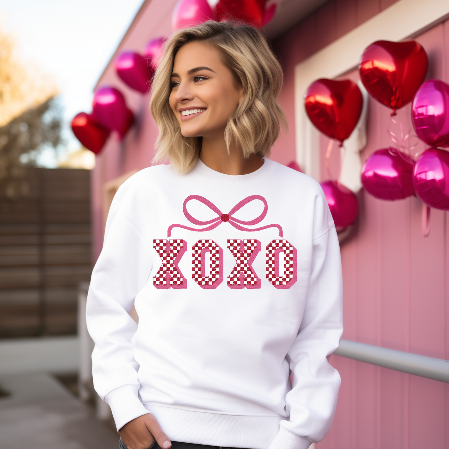 XOXO Valentine Bow Embroidered Crewneck Sweatshirt