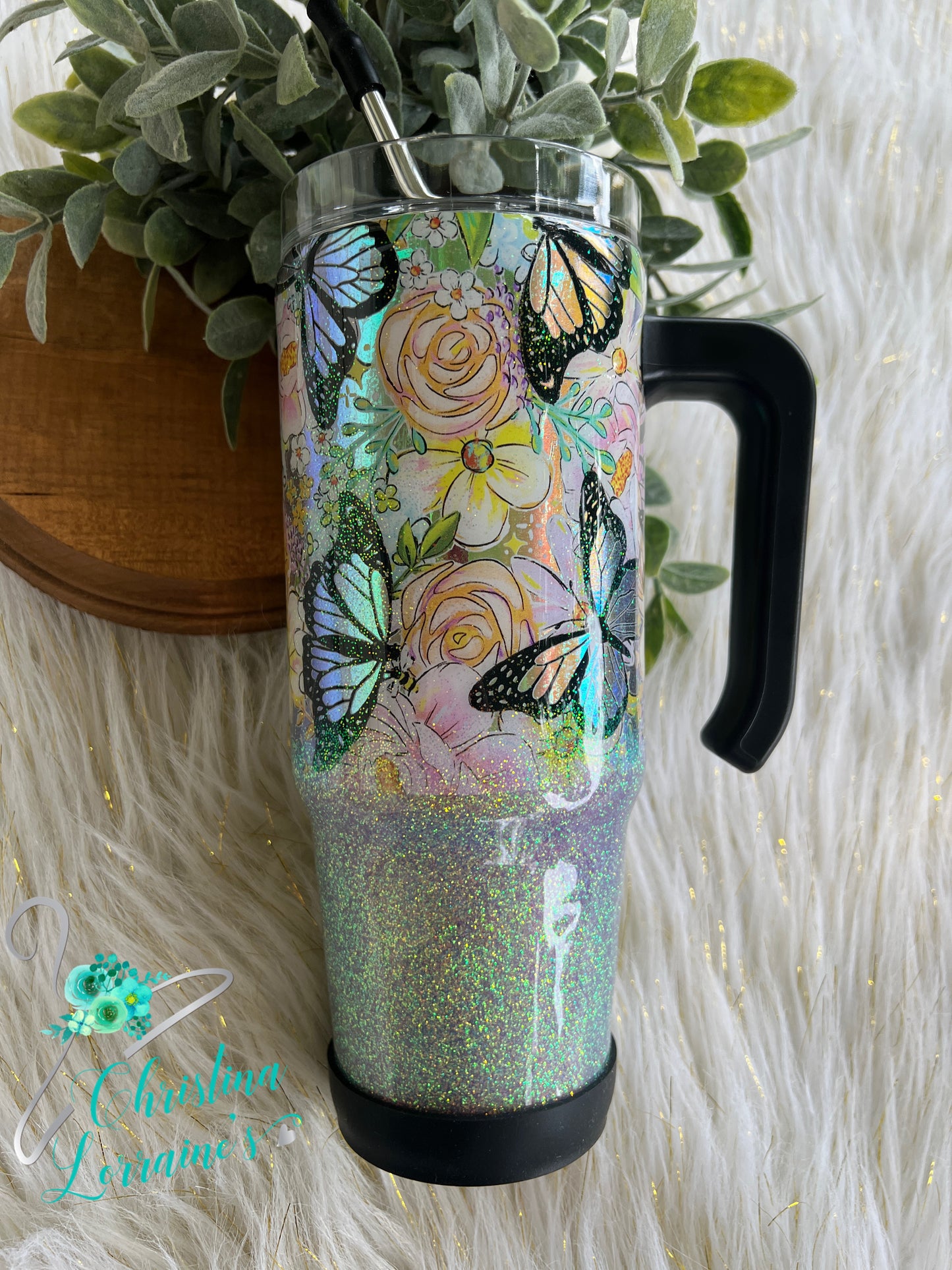 BUTTERFLY/PINK OPAL DESIGN/30 OZ GRIPPY/HANDLE TUMBLER