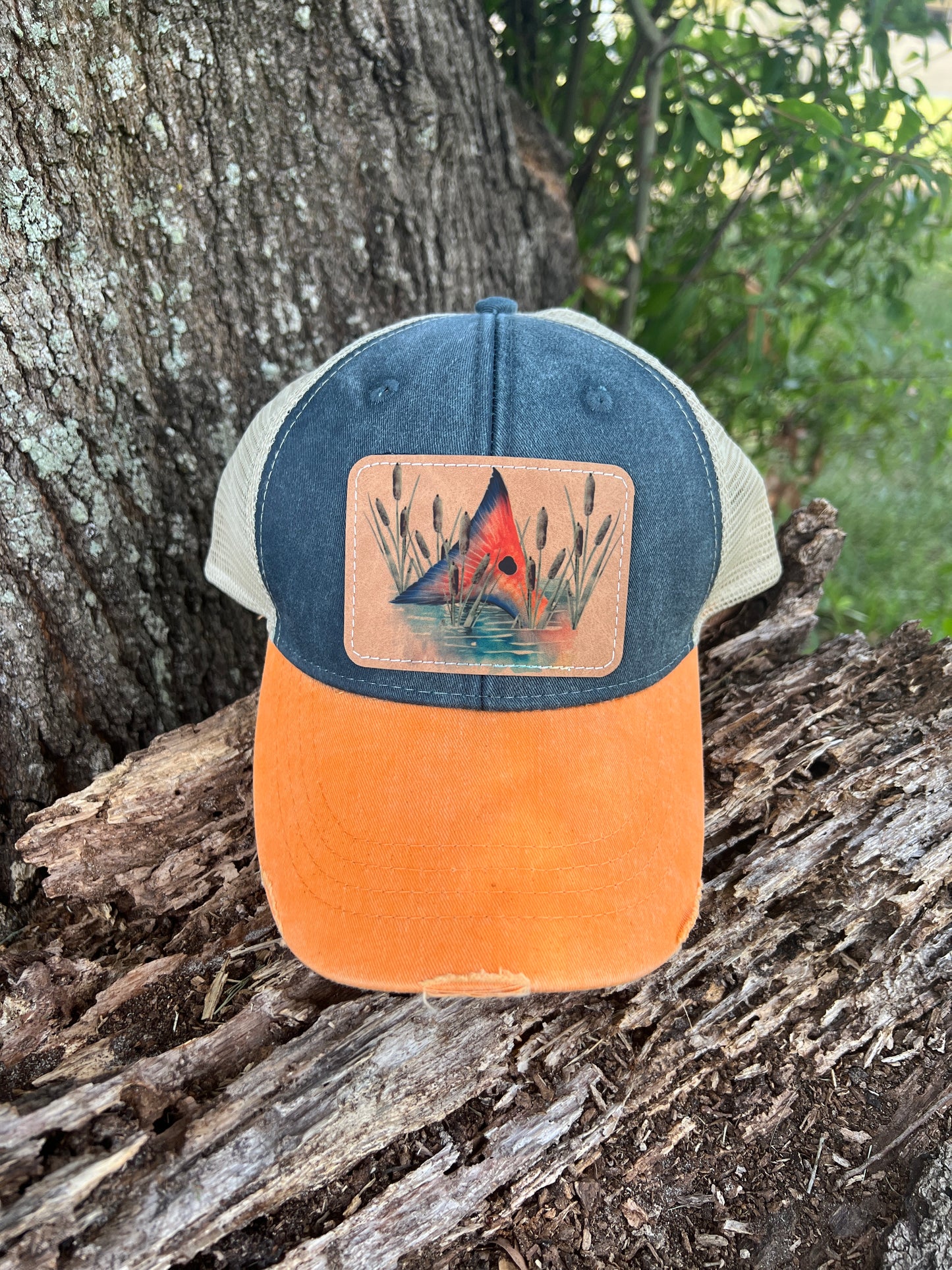 Red Fish Tailing In Cattails Design/Fishing Design/Orange and Navy Adams Cap/Hat