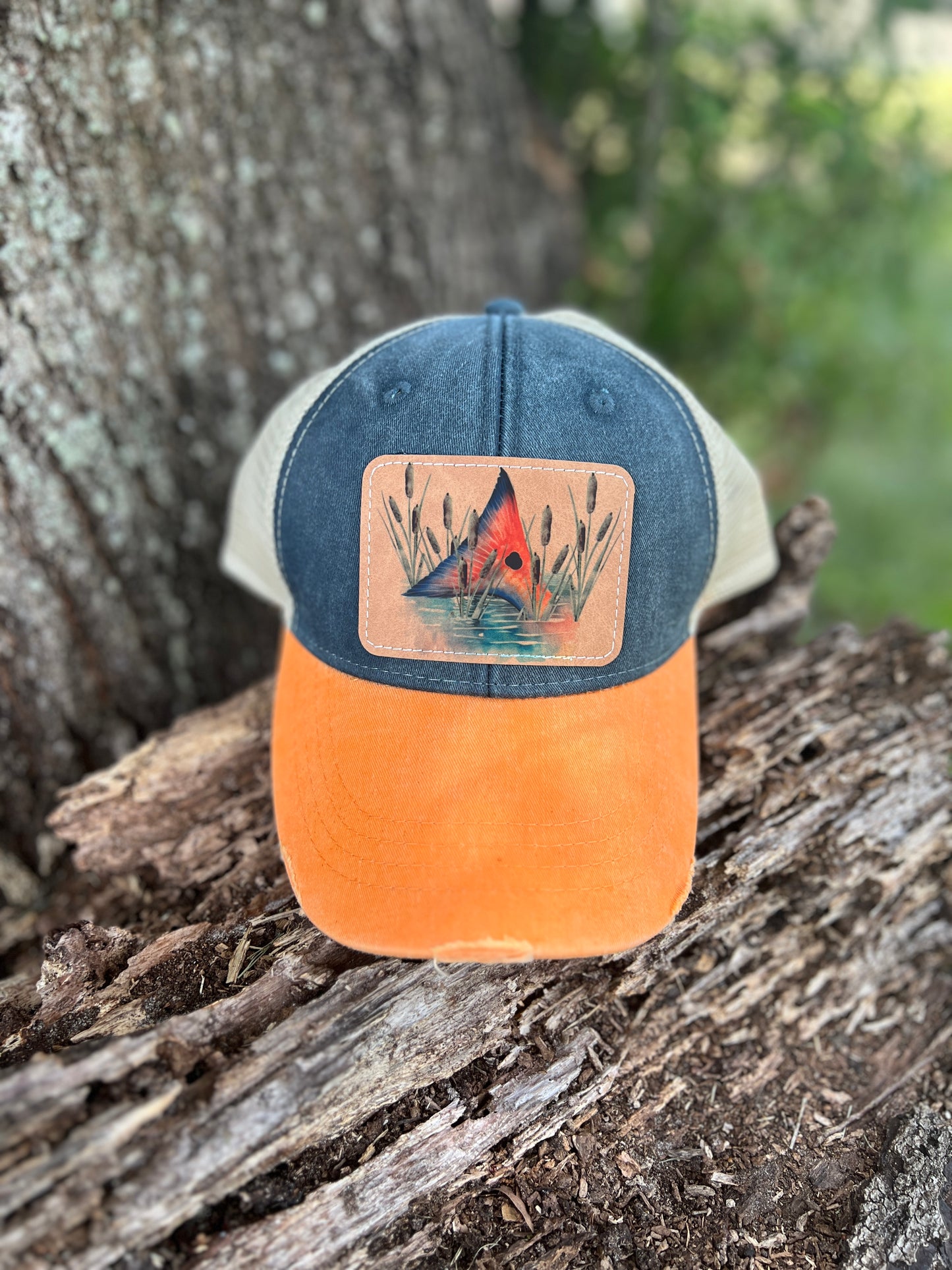 Red Fish Tailing In Cattails Design/Fishing Design/Orange and Navy Adams Cap/Hat