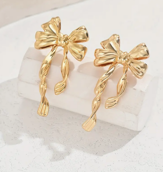 Elegant Golden-Tone Bow & Ribbon  Earrings