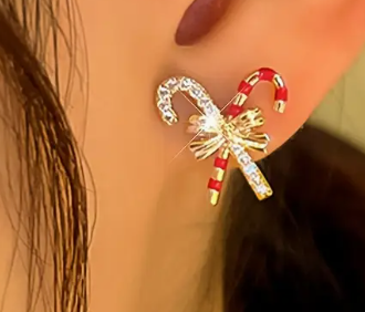 Candy Cane with Bow Earrings, Alloy with Stainless Steel Posts