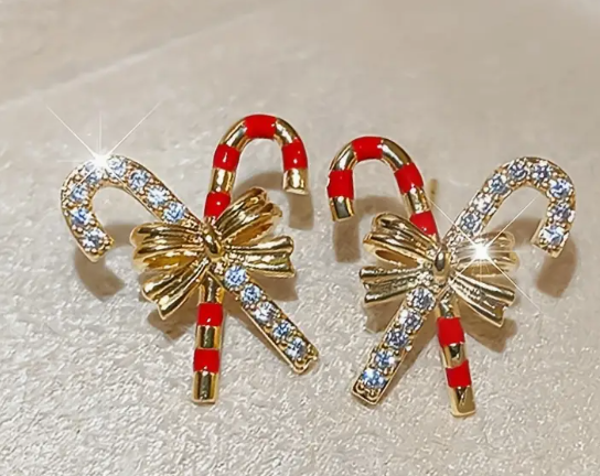 Candy Cane with Bow Earrings, Alloy with Stainless Steel Posts