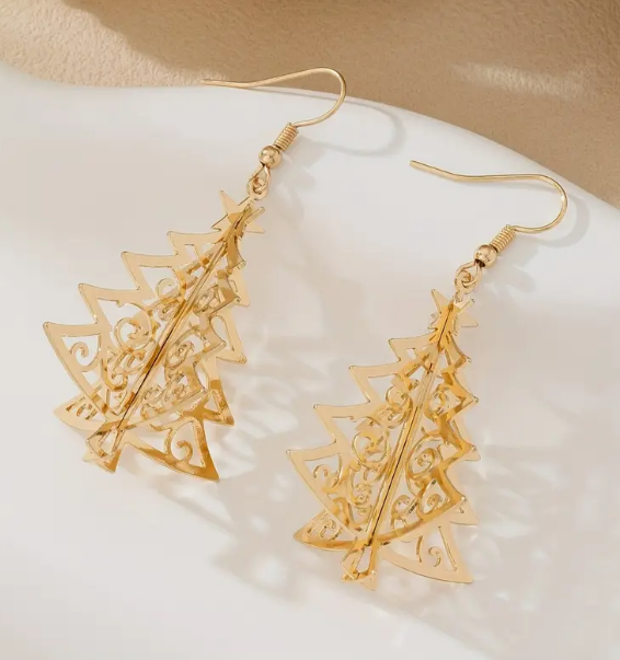 Elegant Golden-Tone Geometric Hollow Christmas Tree Earrings