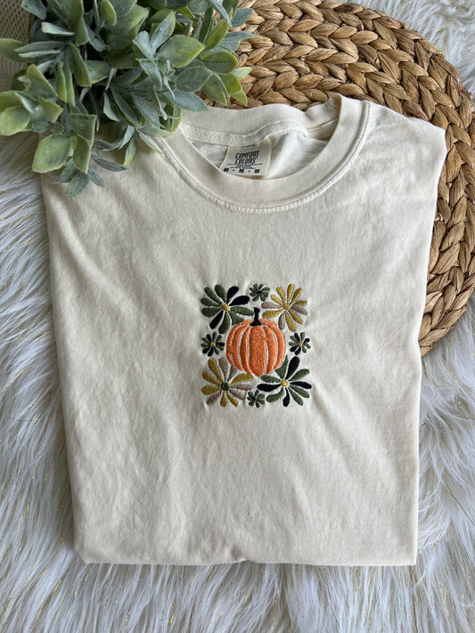 Florals and Pumpkin Boho Design Embroidery T-Shirt