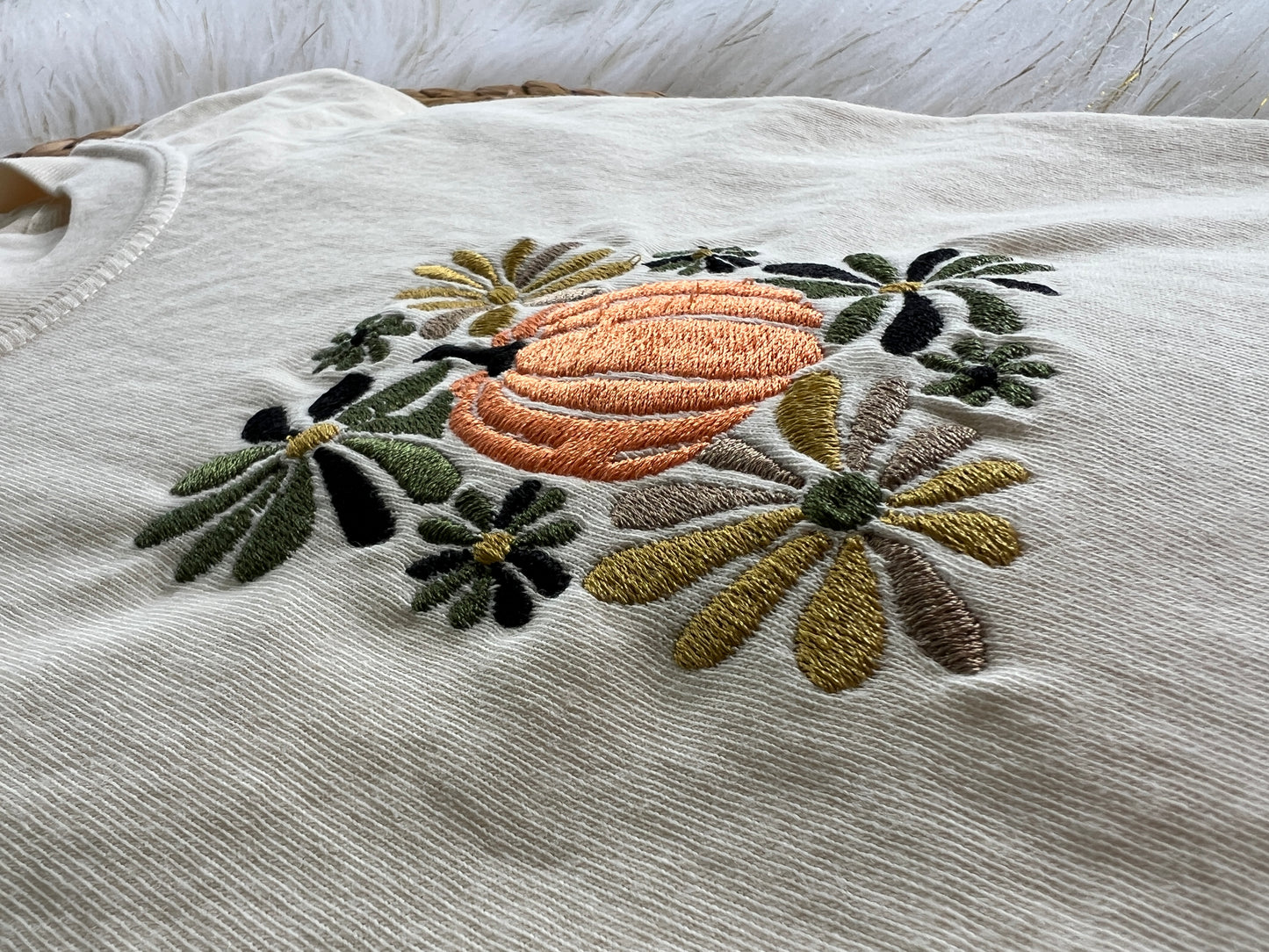 Florals and Pumpkin Boho Design Embroidery T-Shirt