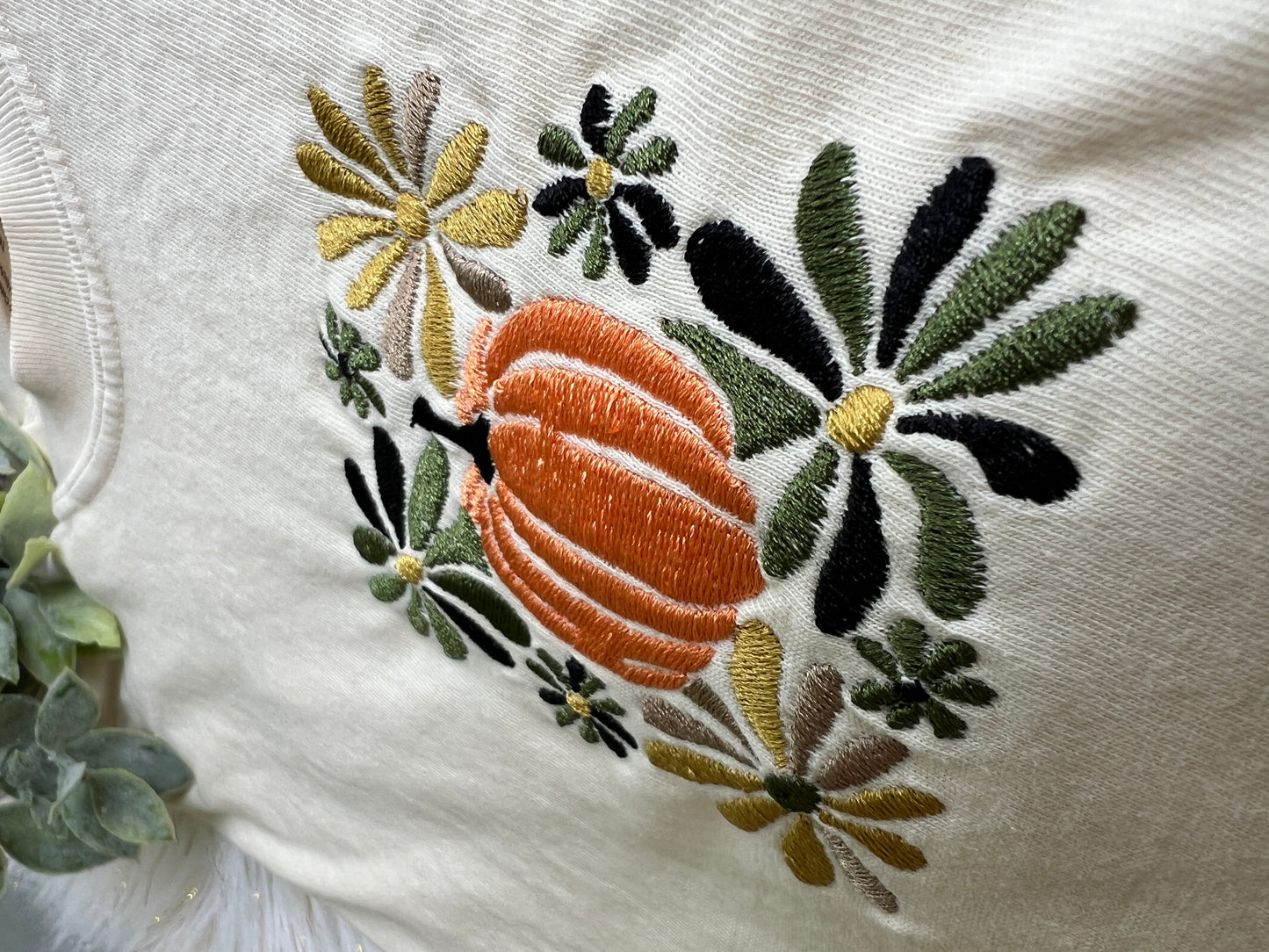 Florals and Pumpkin Boho Design Embroidery T-Shirt