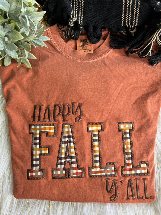 Happy Fall Y'all Fall Stripes Fabric Design Embroidery T-Shirt