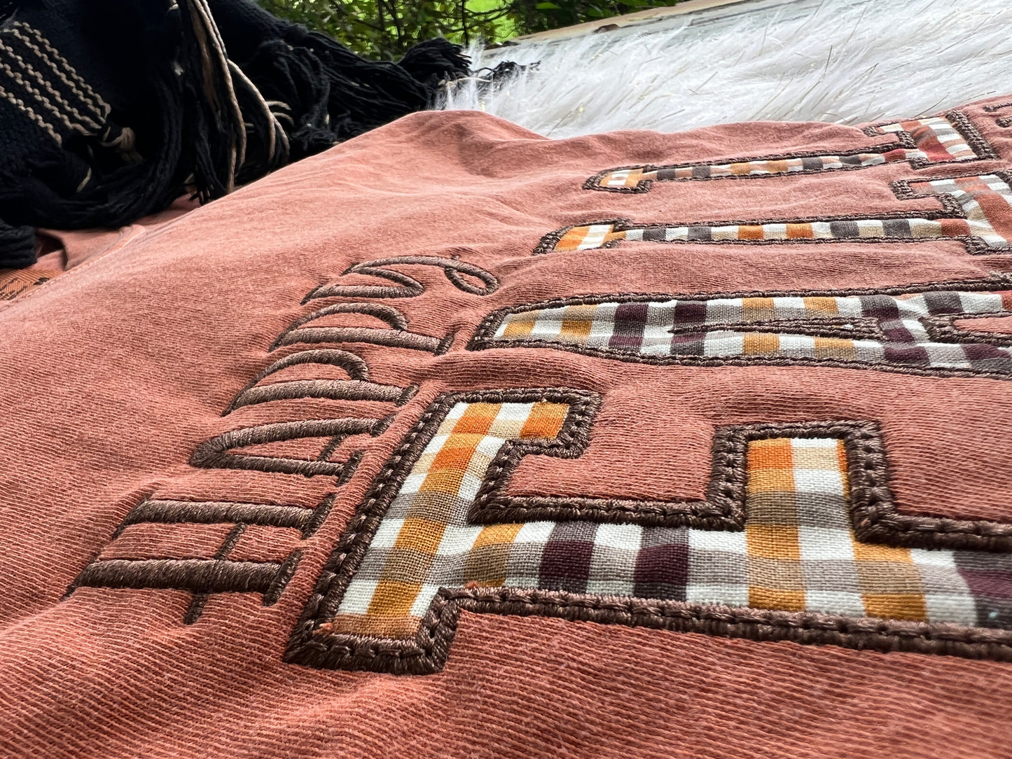 Happy Fall Y'all Fall Stripes Fabric Design Embroidery T-Shirt