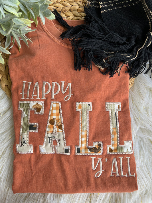 Happy Fall Y'all Fall Woodlands Fabric Design Embroidery T-Shirt