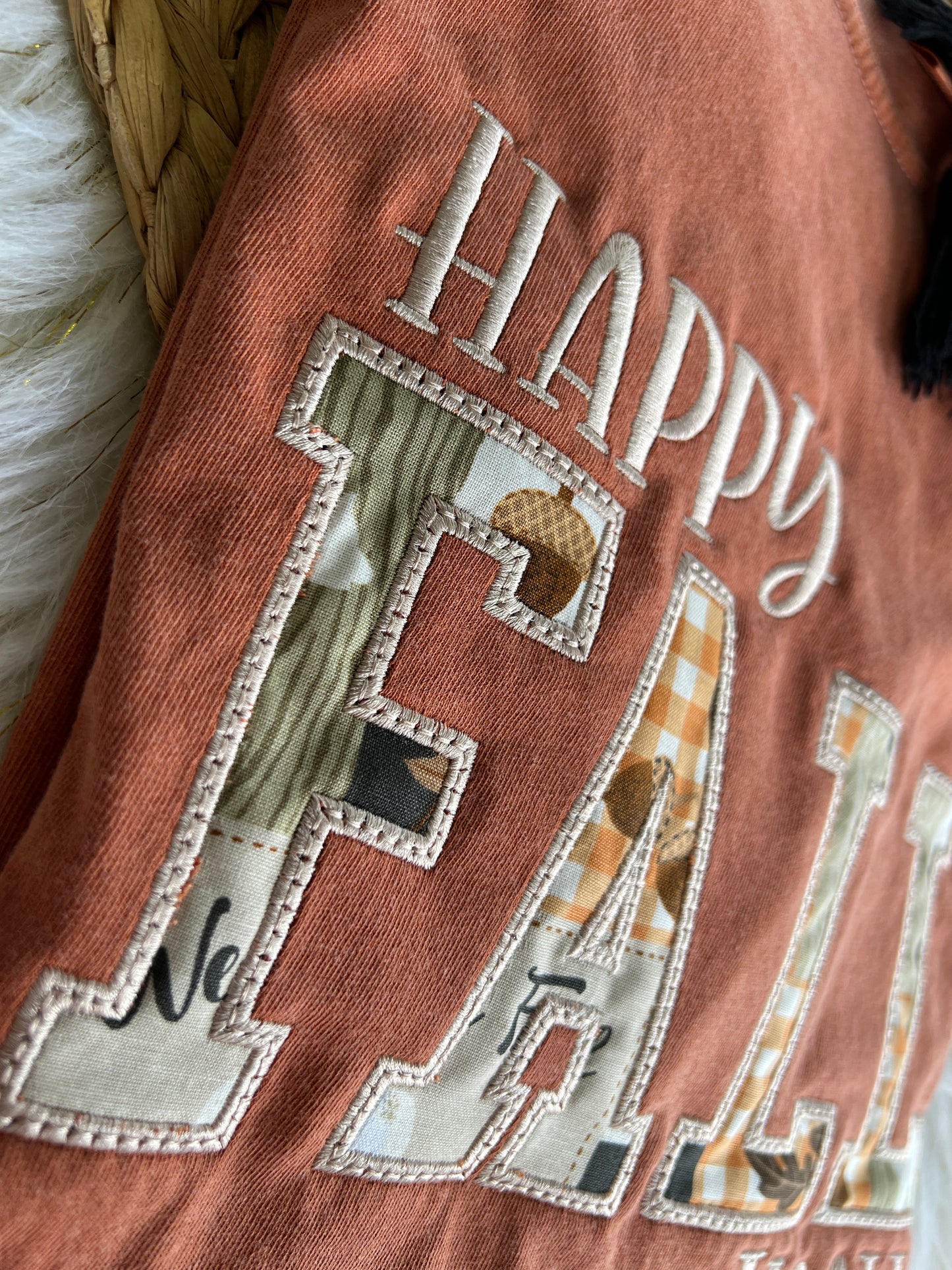 Happy Fall Y'all Fall Woodlands Fabric Design Embroidery T-Shirt