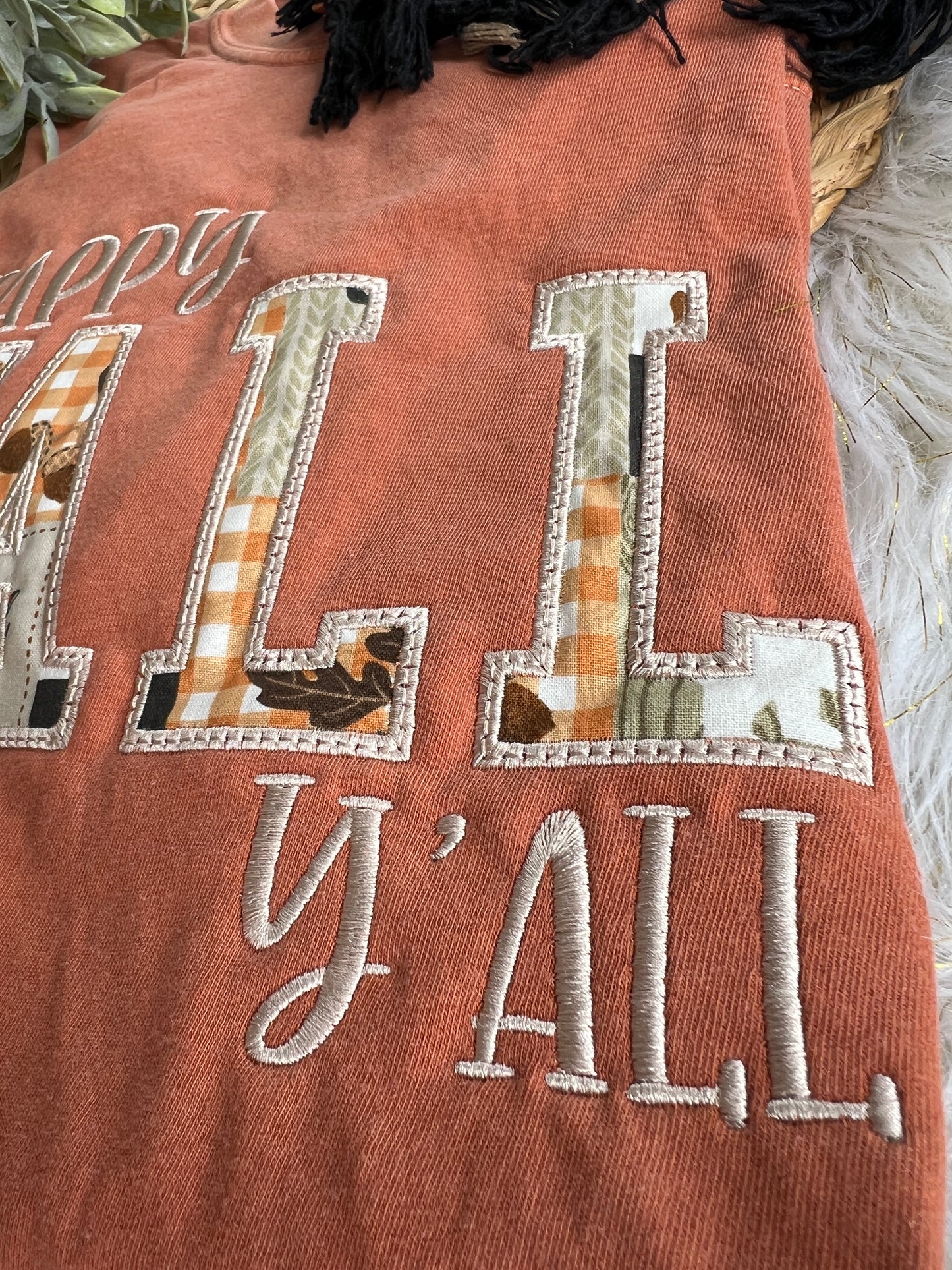 Happy Fall Y'all Fall Woodlands Fabric Design Embroidery T-Shirt