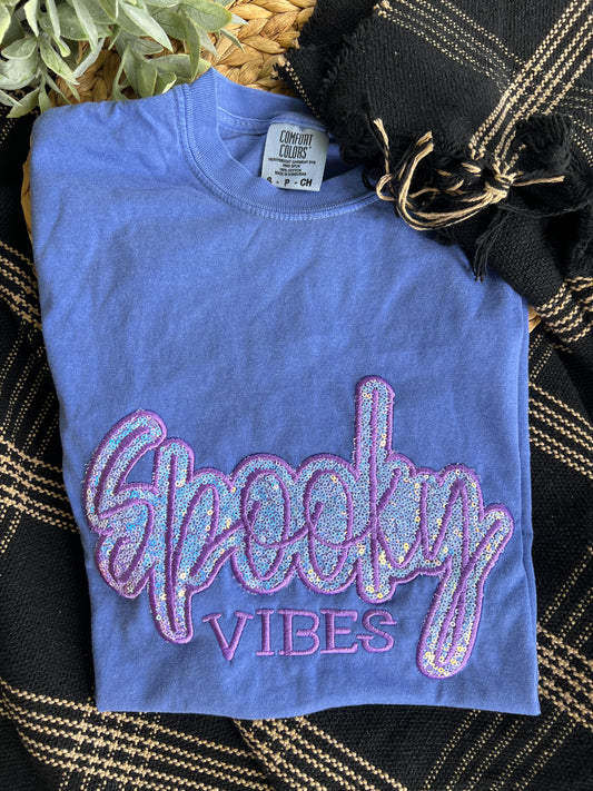 Spooky Vibes Halloween Sequins Design Embroidery T-Shirt