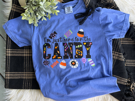 I'm Just Here For The Candy Halloween Candy Fabric Design Embroidery T-Shirt