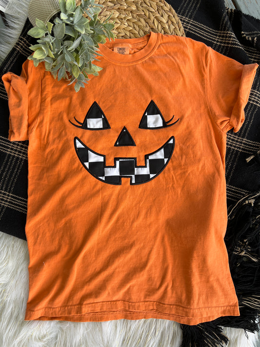 Jackie Jack-O-Lantern Halloween Black/White Checkered Fabric Design Embroidery T-Shirt