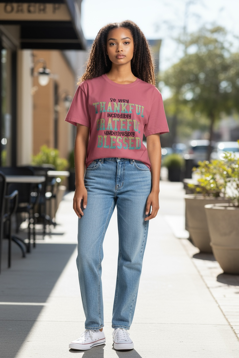 Thankful, Grateful Blessed Thanksgiving Design Embroidery Shirt Sizes S-4XL