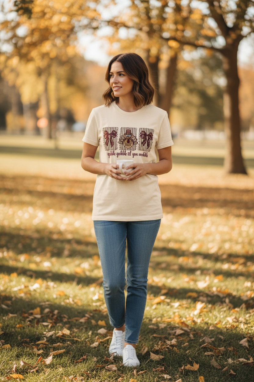 Gobble Till You Wobble Thanksgiving Design Plus Size Embroidery Shirt