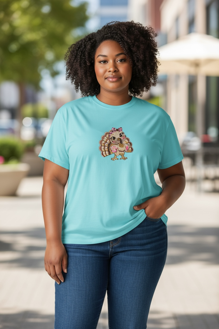Cute Little Turkey Thanksgiving Design Embroidery Shirt