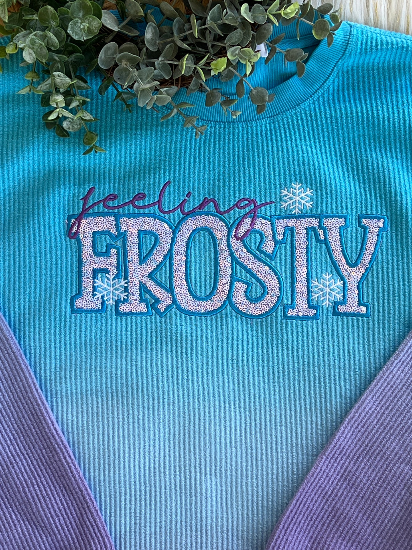 Feeling Frosty Sequin Embroidery Design Blue/Purple Ombre Luxury Corded Crew Sweatshirt