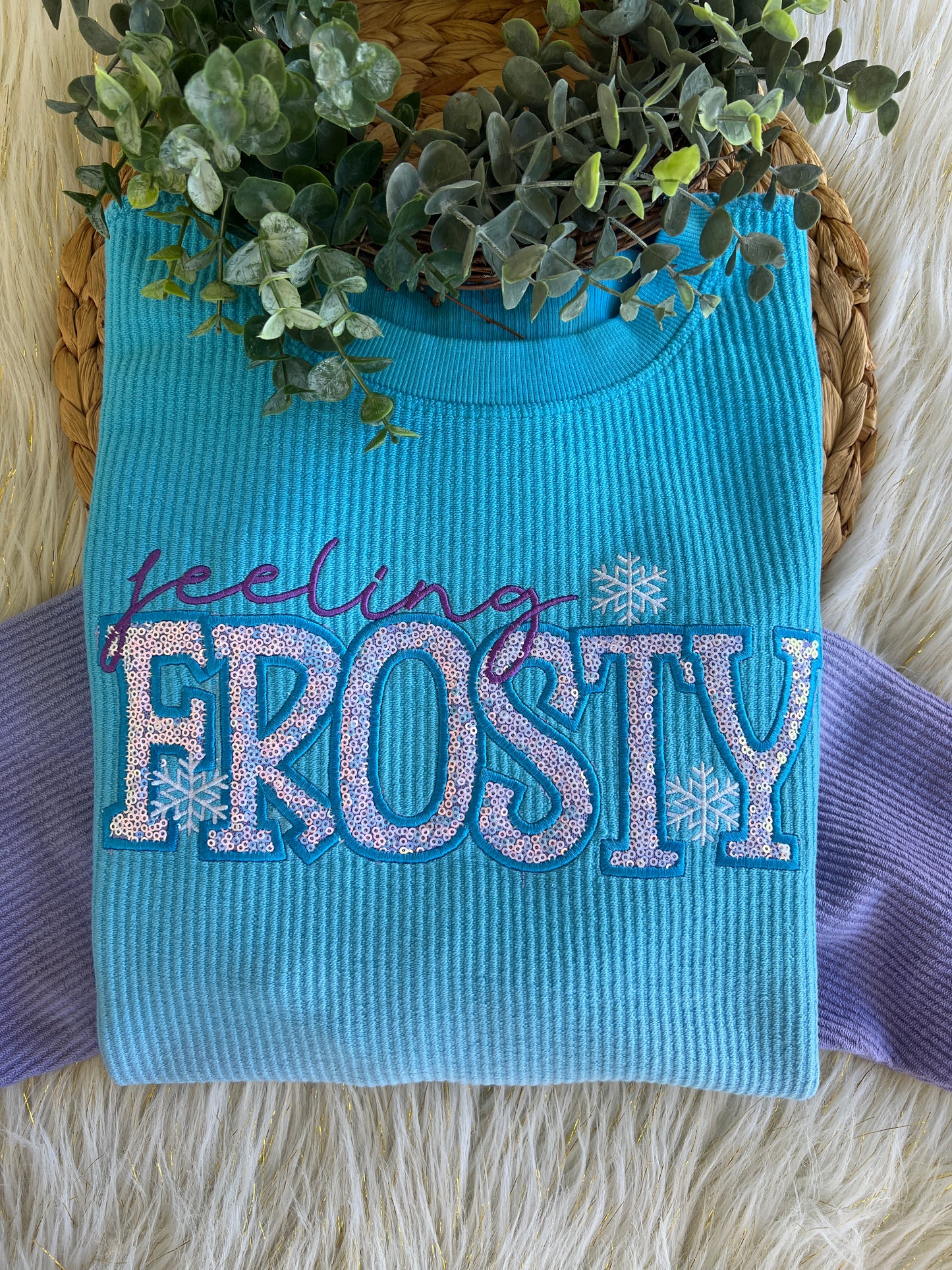 Feeling Frosty Sequin Embroidery Design Blue/Purple Ombre Luxury Corded Crew Sweatshirt