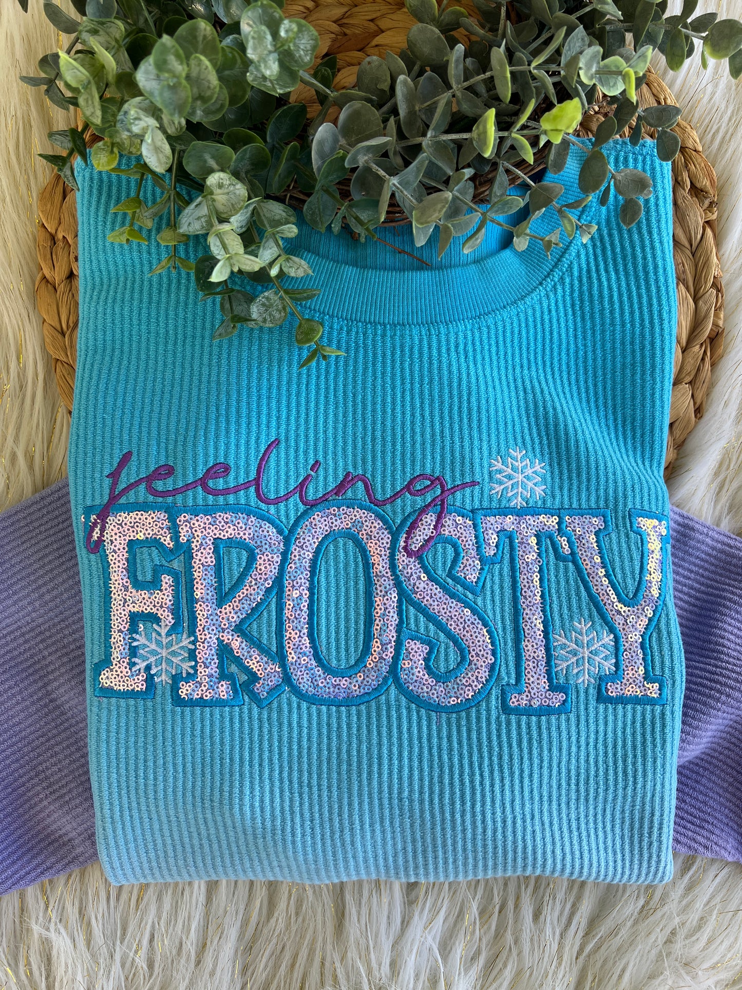 Feeling Frosty Sequin Embroidery Design Blue/Purple Ombre Luxury Corded Crew Sweatshirt