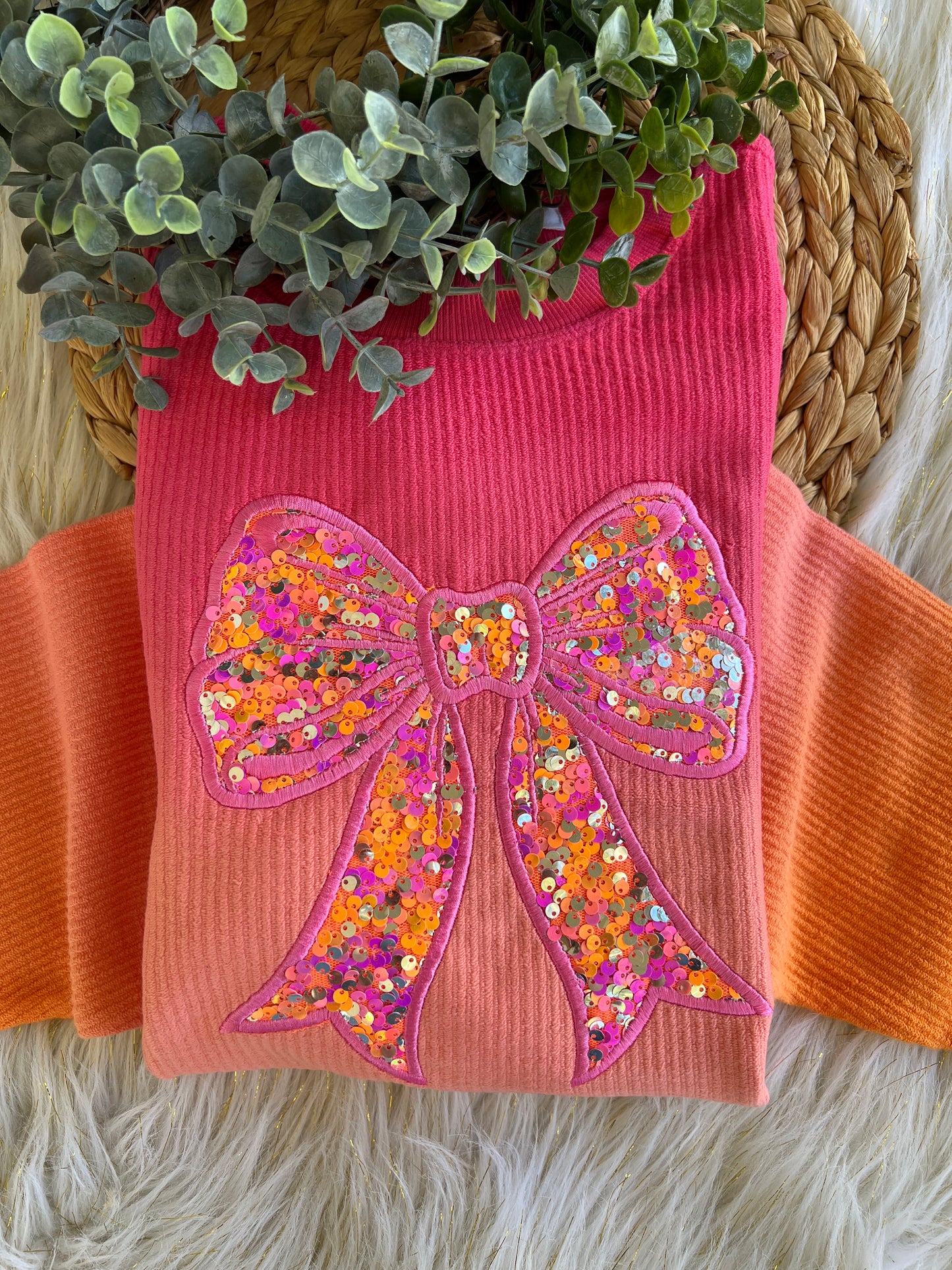 Pink Ombre Sequin Bow Ribbed Sweatshirt