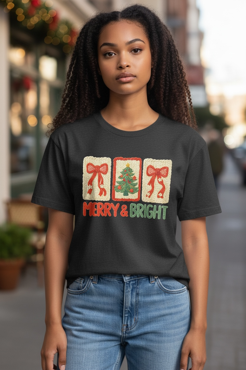 Black Faux Crochet Merry & Bright Christmas Graphic Design Tshirt-Small