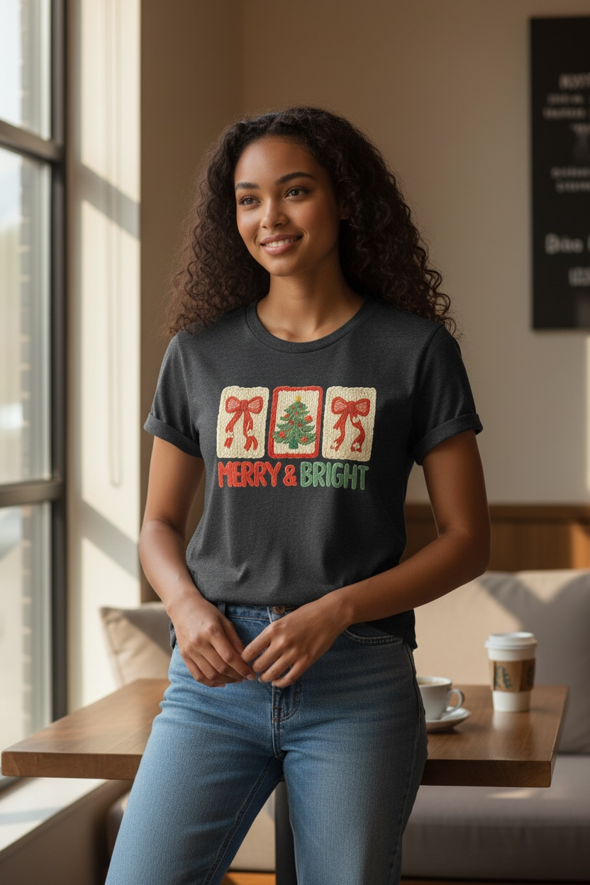 Black Faux Crochet Merry & Bright Christmas Graphic Design Tshirt-Small