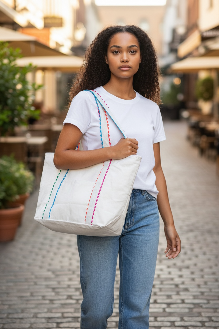 Ric Rac Scallop Design Canvas Tote Bag and Cosmetic Case/Beach Tote/Cabana Tote/Boat Bag/Shopping Tote