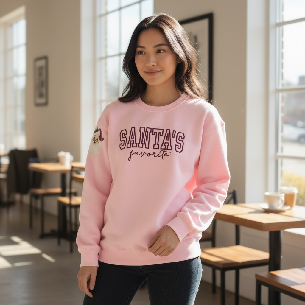 Santa's Favorite Design with Sleeve Detail Light Pink Sweatshirt