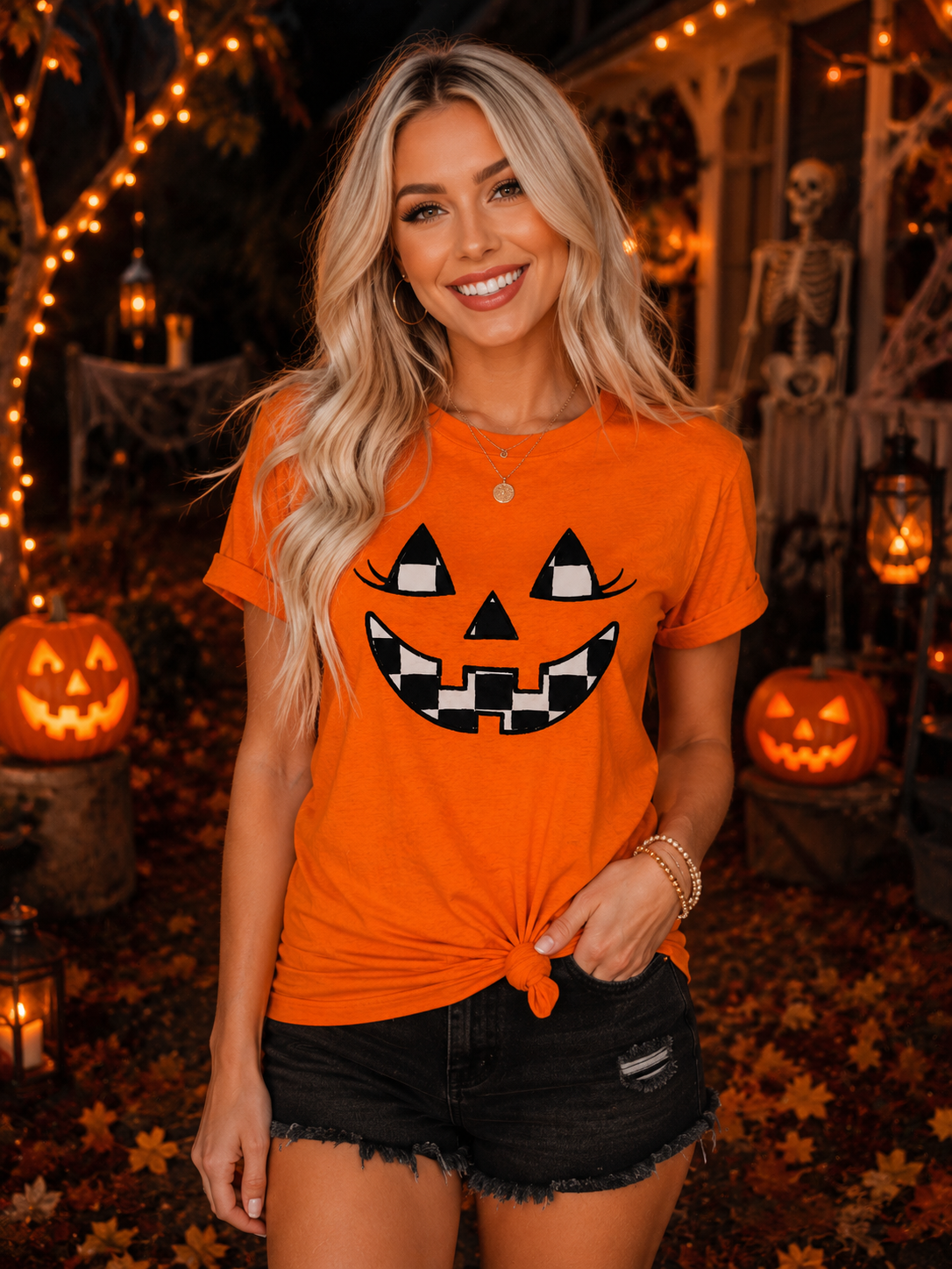 A woman wearing a bright orange short-sleeve t-shirt with a black and white jack-o'-lantern face graphic, styled with black denim shorts in a Halloween-themed setting with pumpkins and string lights.