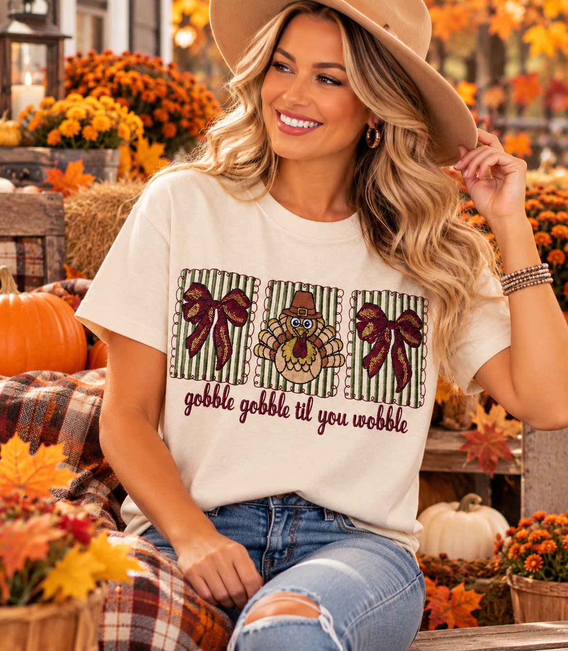 Gobble Gobble Til You Wobble Thanksgiving Shirt | Embroidered Turkey & Bow Fall Graphic Tee | Cute Thanksgiving Outfit