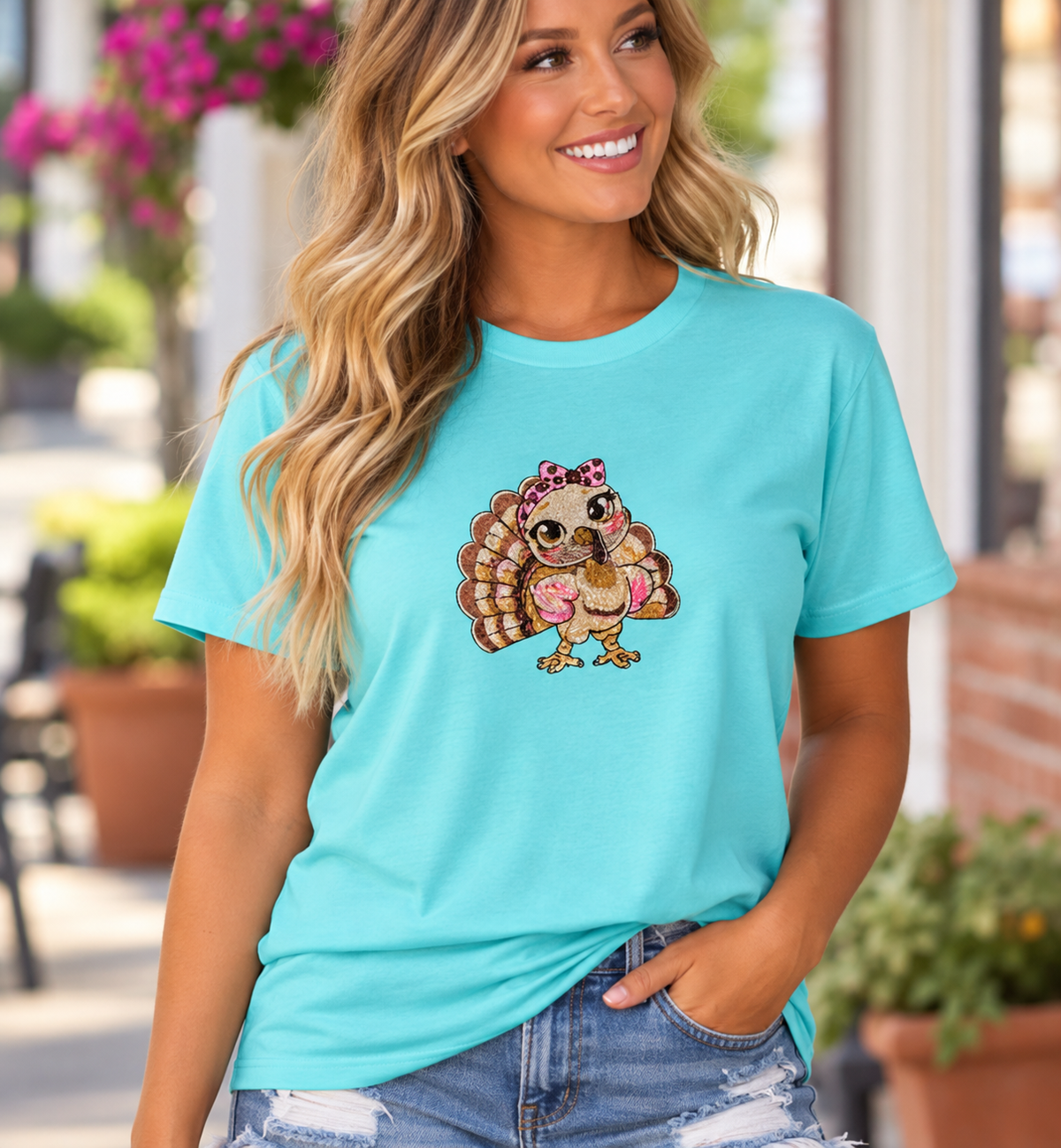 Cute Girly Turkey Embroidered T-Shirt | Pink Bow Thanksgiving Tee | Fall Turkey Shirt | Women's Thanksgiving Outfit