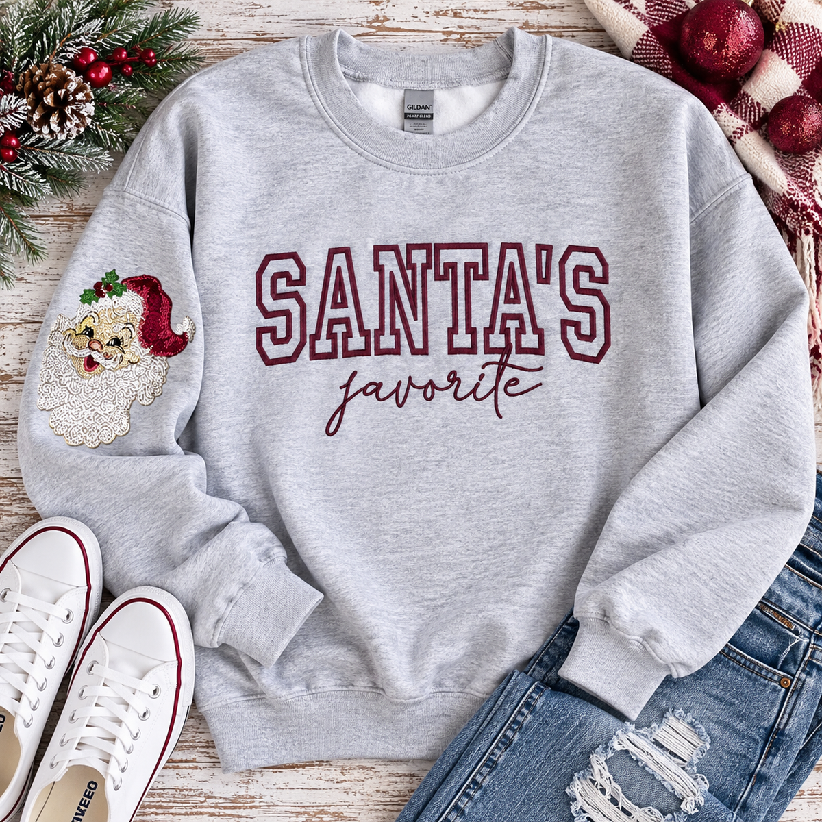 Santa's Favorite Design with Sleeve Detail Embroidered Sweatshirt