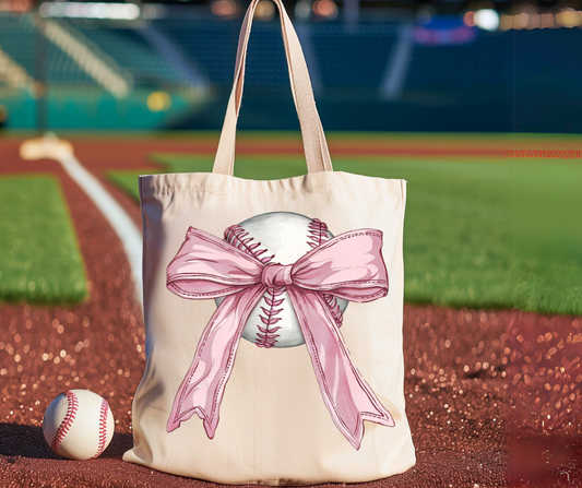 Pink Bow Baseball Girl Canvas Tote Bag