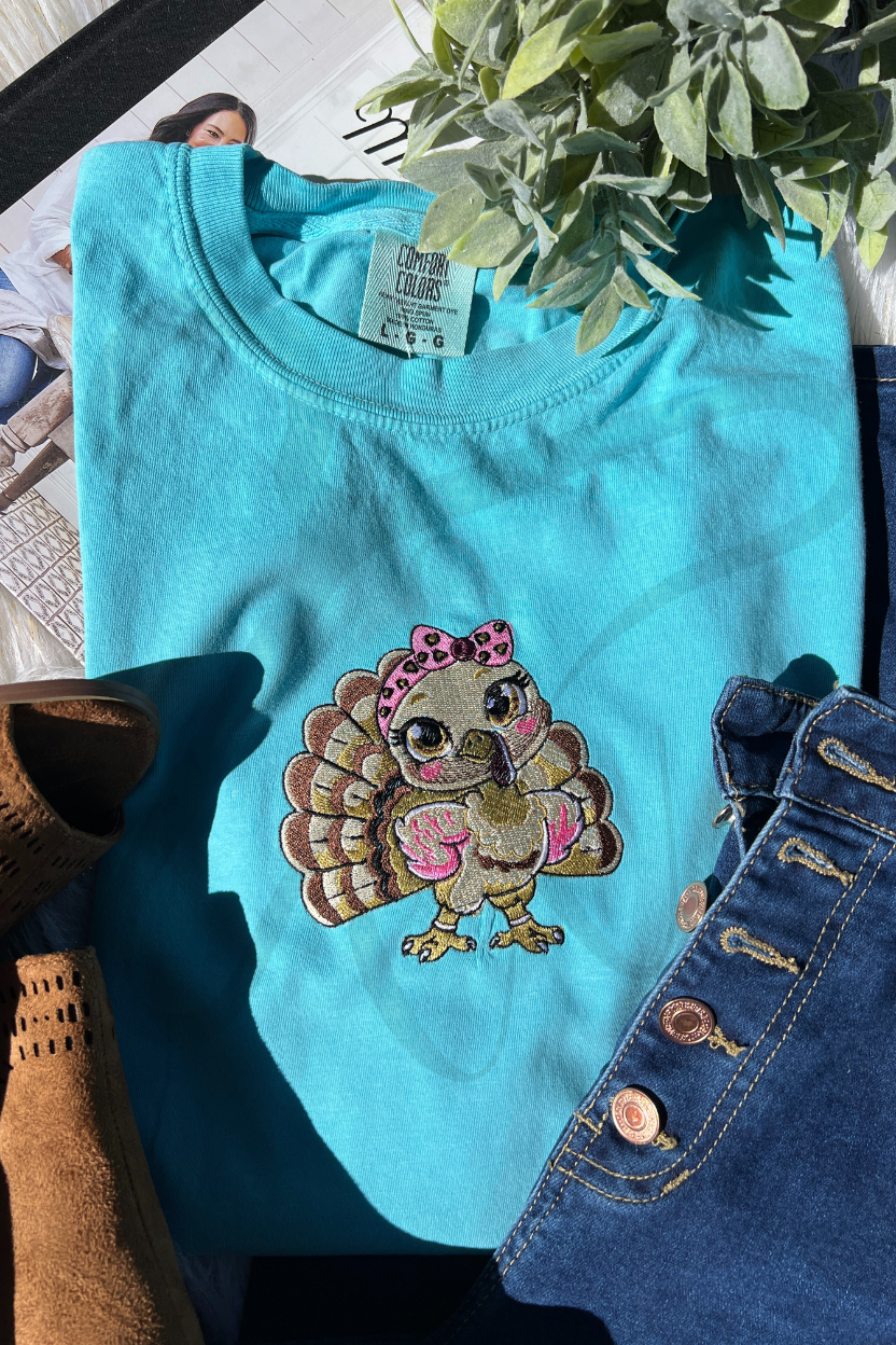 Cute Little Turkey Thanksgiving Design Embroidery Shirt