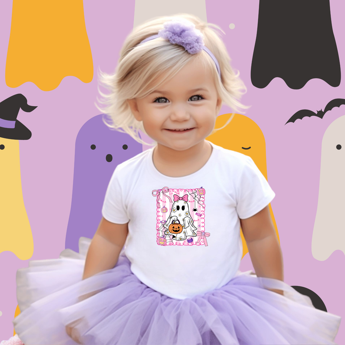 Halloween Kids, Halloween Ghost Pumpkin, Spooky Halloween Kids Shirt, Halloween Pumpkin Coquette Bow Design Halloween Shirt