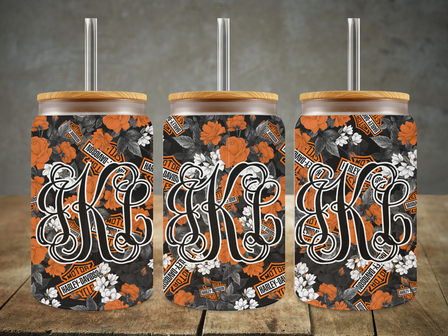 HD Florals/Motorcycle Design Glass Tumbler