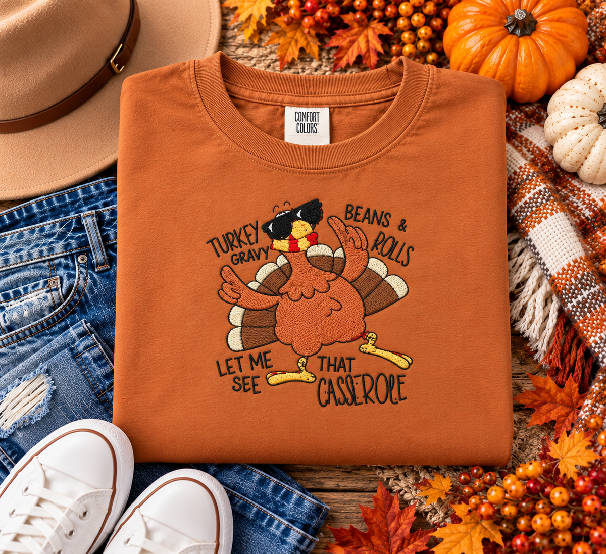 Funny Thanksgiving Embroidered T-Shirt | Turkey Gravy Beans & Rolls Tee | Let Me See That Casserole | Fall EmbroideredTee