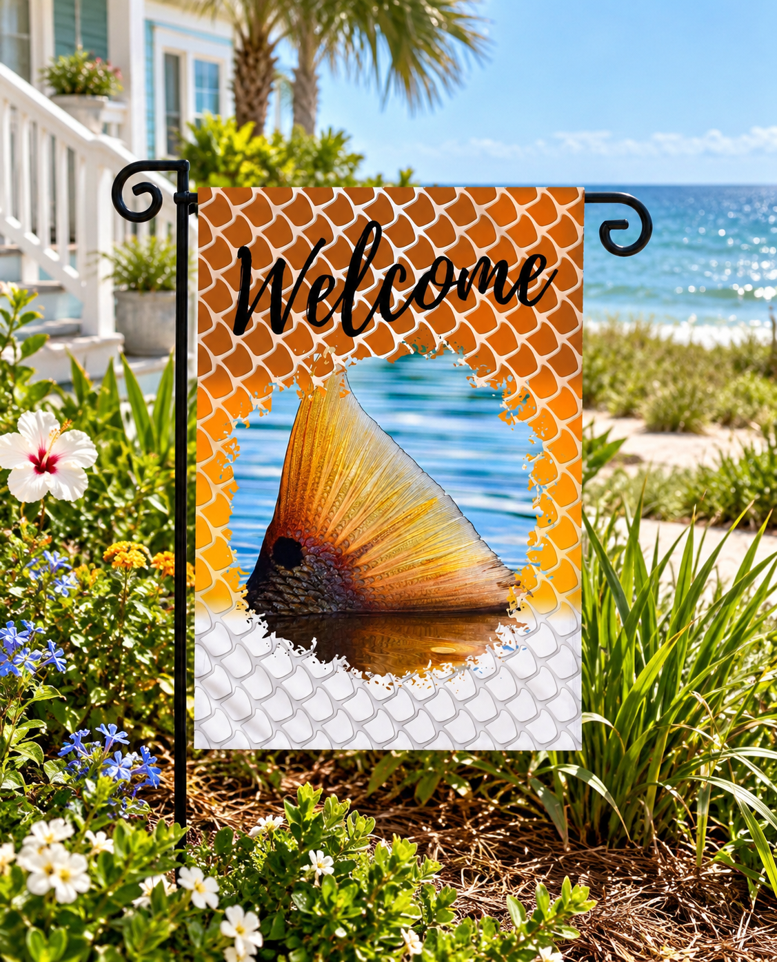 Personalized Redfish Tail Garden Flag | Coastal Welcome Flag | Fishing Camper & Beach House Decor