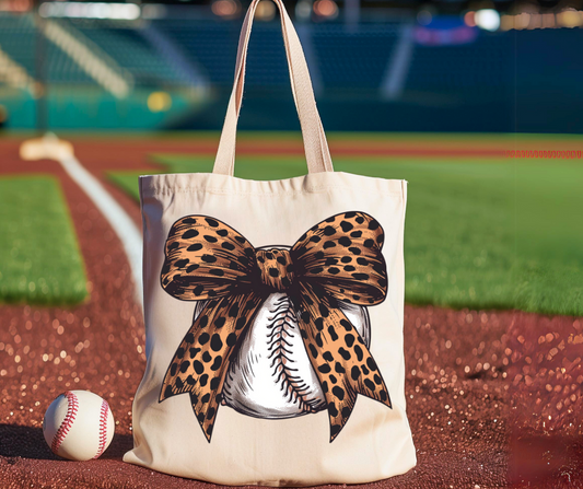 Leopard Bow Baseball Girl Canvas Tote Bag